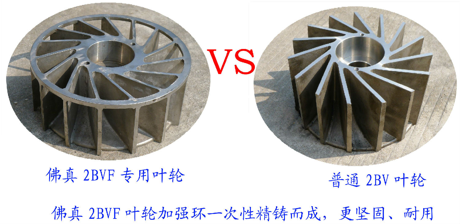 2BVF水環(huán)式真泵葉輪采用一次性精鑄加強(qiáng)環(huán)，使水環(huán)式真空泵更堅(jiān)固、耐用